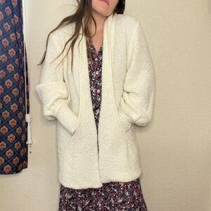 Vintage 80s White Chunky Knit Cardigan Slouchy Open Front Sweater | Size M-XL
